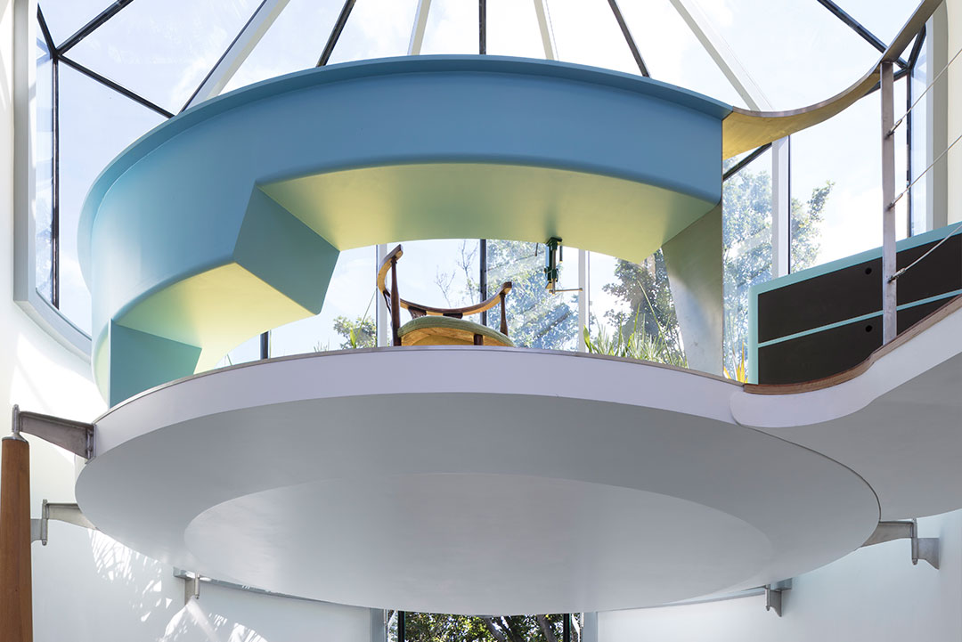 Looking up at the circular winter garden platform and glazed dome at 6 Wood Lane, Highgate
